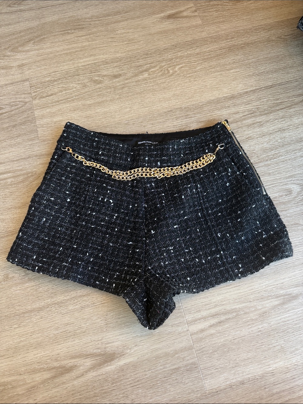 Generation Love Black Tweed High-Waist Shorts with Gold Chain